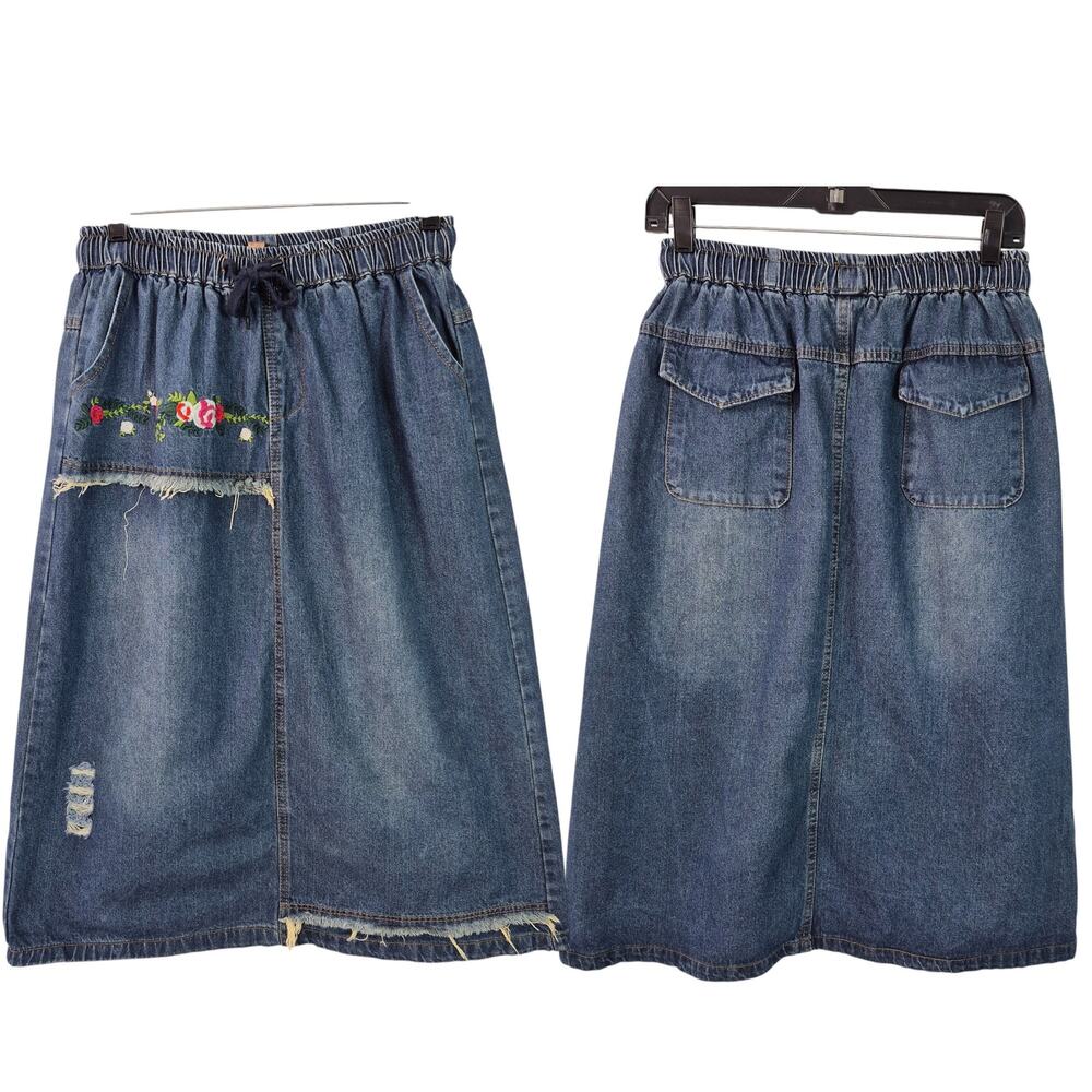 YanRan Blue Distressed Floral Embroidered Embellished Flap Pocket Skirt 28 XL